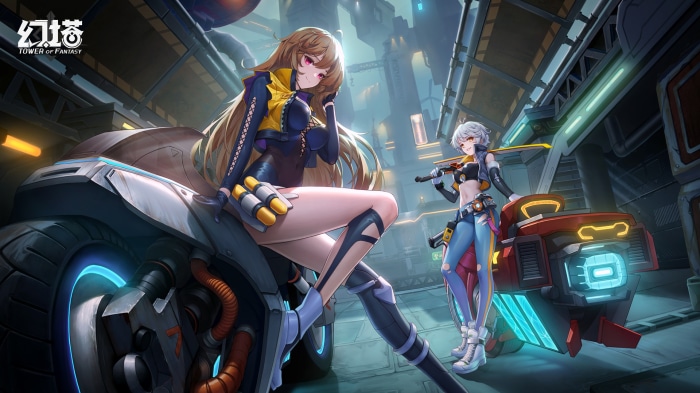 Two female characters with a motorcycle in Tower of Fantasy