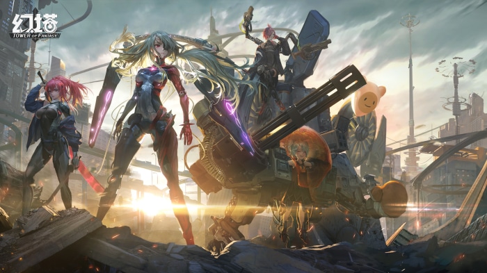 Tower of Fantasy characters with mecha and city background