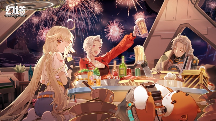 Tower of Fantasy characters celebrating with fireworks