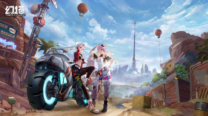 Two girls and a motorcycle in Tower of Fantasy