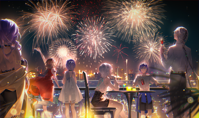 Vocaloid characters watching fireworks