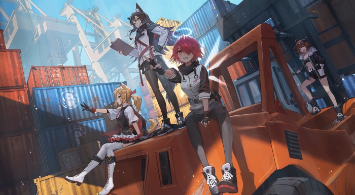 Arknights characters in a shipping yard