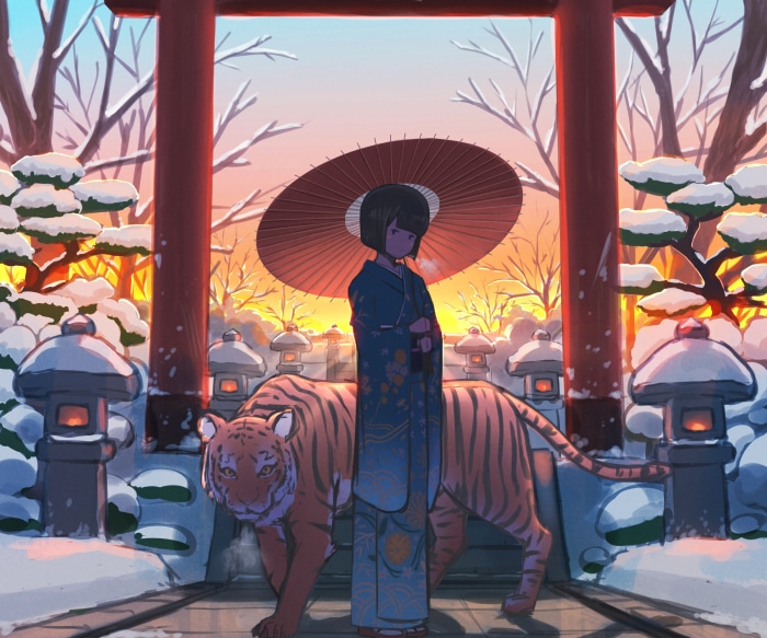 Girl in Kimono with Tiger under Torii Gate