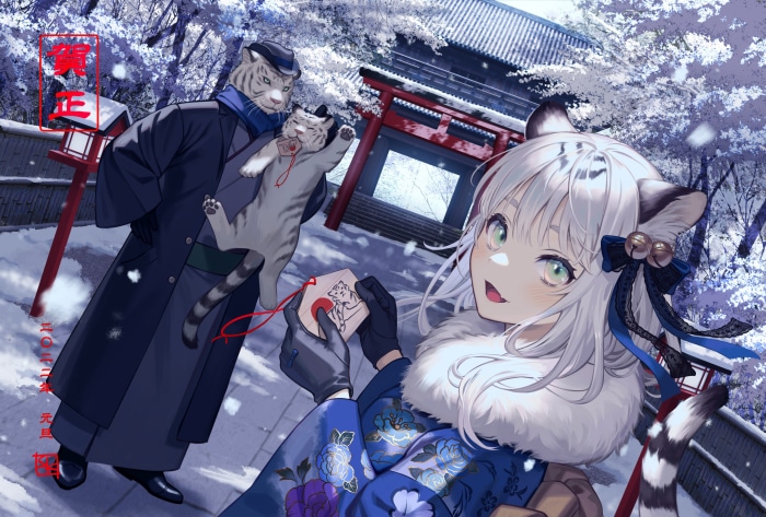 Tiger characters in a snowy shrine setting