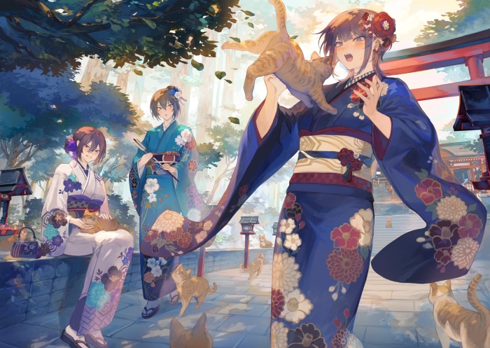 Girls in Kimonos with Cats at a Shrine