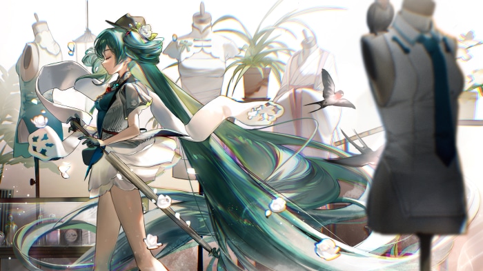 Hatsune Miku in a dress with mannequins