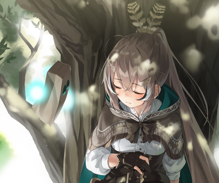 Nanashi Mumei from Hololive in a forest