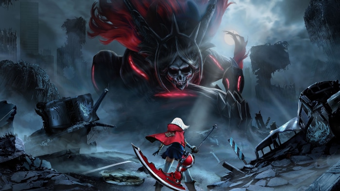Girl with scythe facing a monstrous skull creature in God Eater 2 Rage Burst