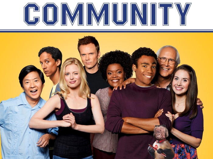 Community cast with the show's title