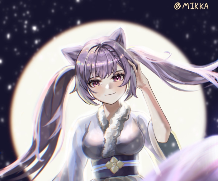 Keqing from Genshin Impact under the moon