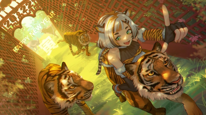 Anime Girl and Tigers Happy New Year 2022