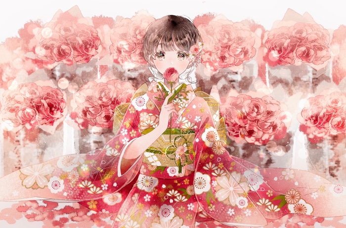 Girl in Kimono Holding a Rose with Pink Flowers