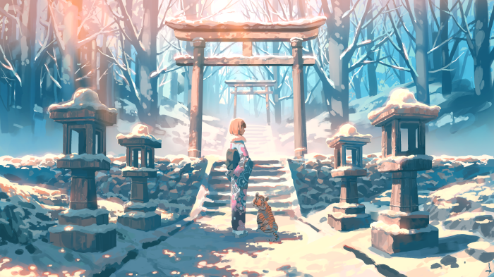 Girl in Kimono and Tiger at Winter Torii Gates