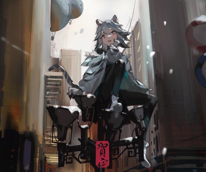 Anime girl with cat ears sitting in a city