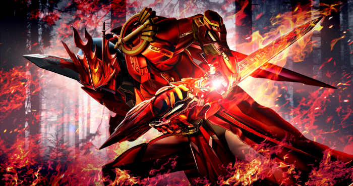 Kamen Rider in a fiery forest