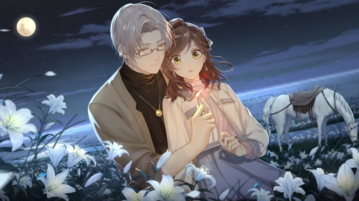 Moritsuki Rei and Rosa from Tears of Themis in a field of lilies