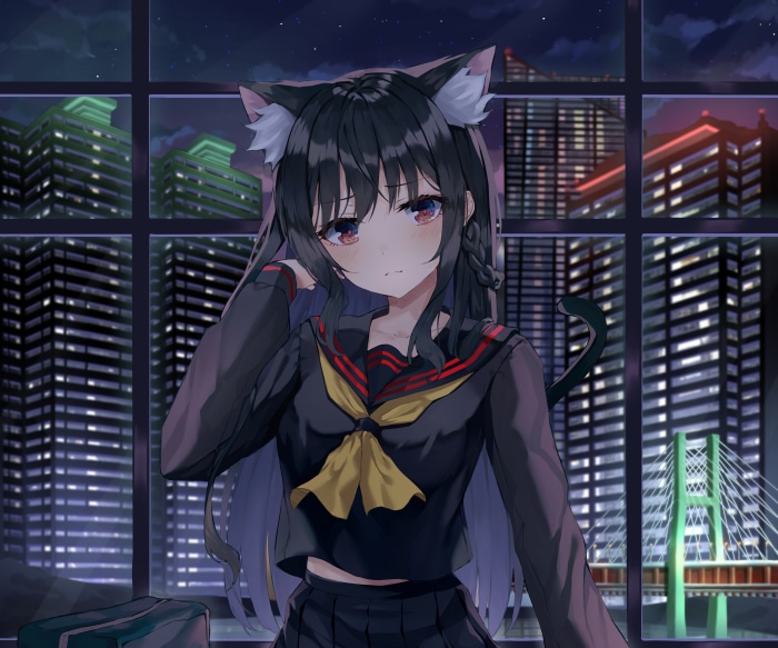 Anime girl with cat ears in school uniform at night