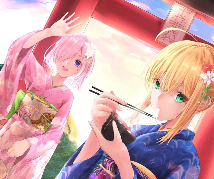 Mashu Kyrielight and Saber from Fate/Grand Order in Kimonos