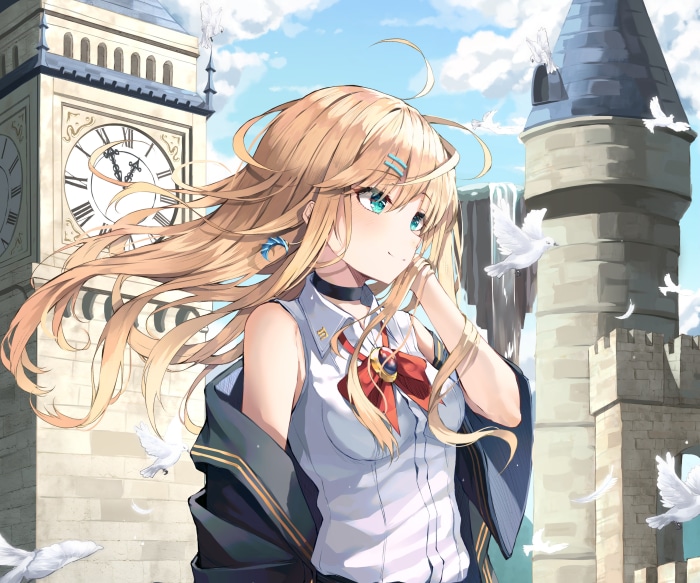 Anime girl with blonde hair in front of Big Ben