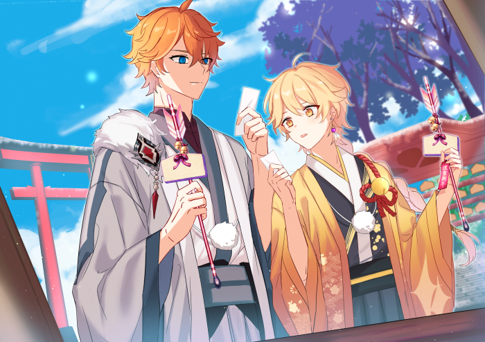 Aether and Tartaglia from Genshin Impact in Kimonos
