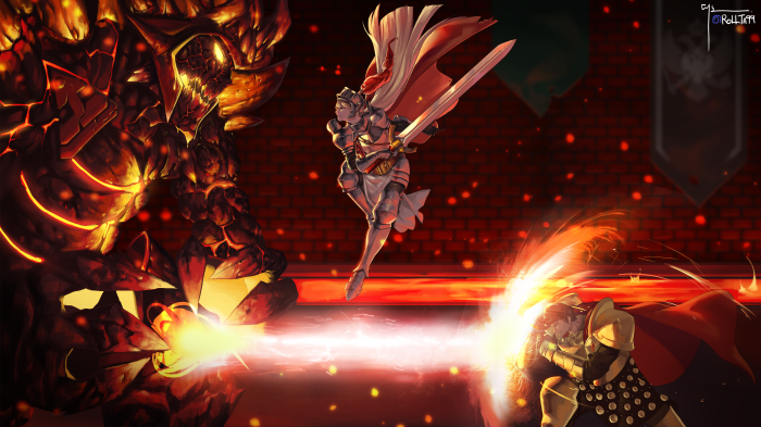 Knight from Guardian Tales fighting a lava monster