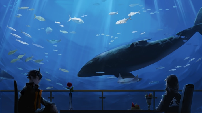 Arknights characters watching a whale and fish in an aquarium