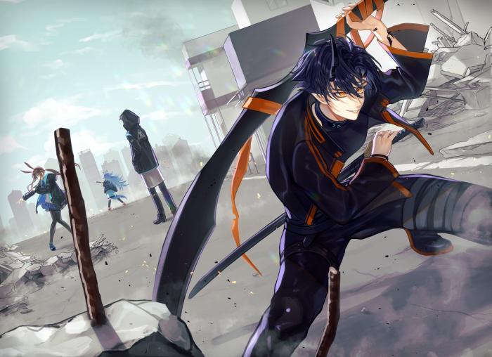 Arknights characters in a destroyed city