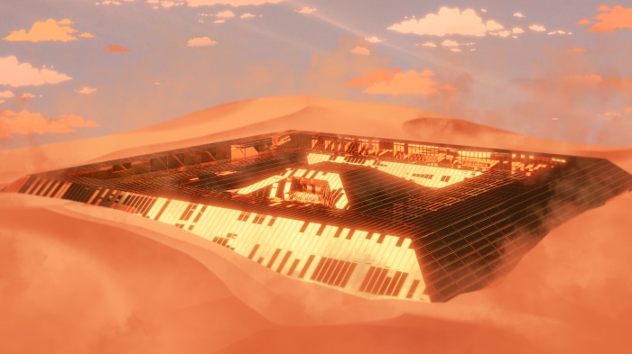 Futuristic structure in a desert landscape