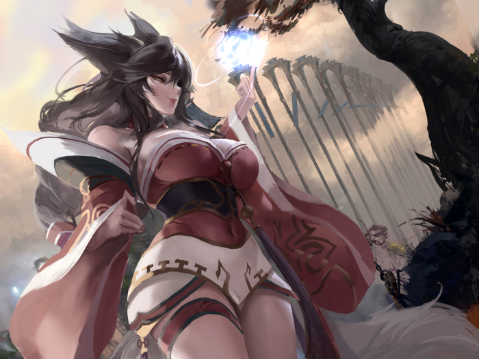 Ahri from League of Legends holding a glowing orb