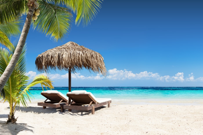 Tropical beach with palm trees and lounge chairs