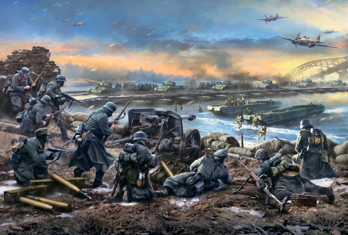 World War II amphibious assault with tanks and aircraft