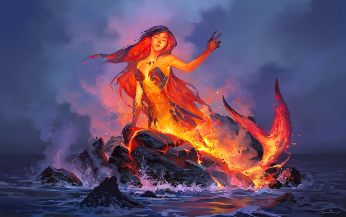 Fiery Mermaid on Ocean Rocks