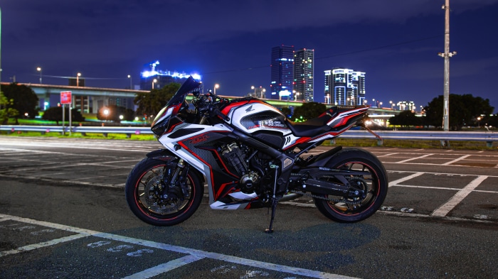 Honda CB650R motorcycle at night