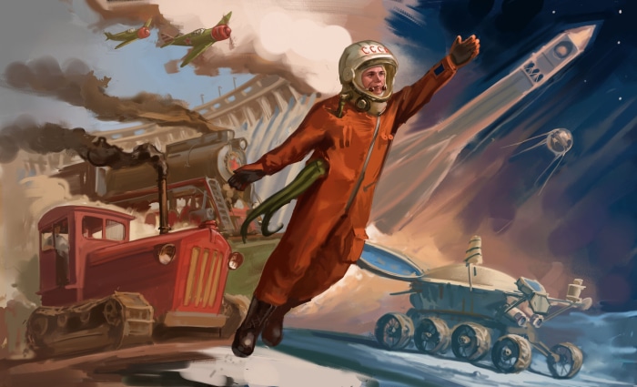 Yuri Gagarin flying with Soviet spacecraft and aircraft