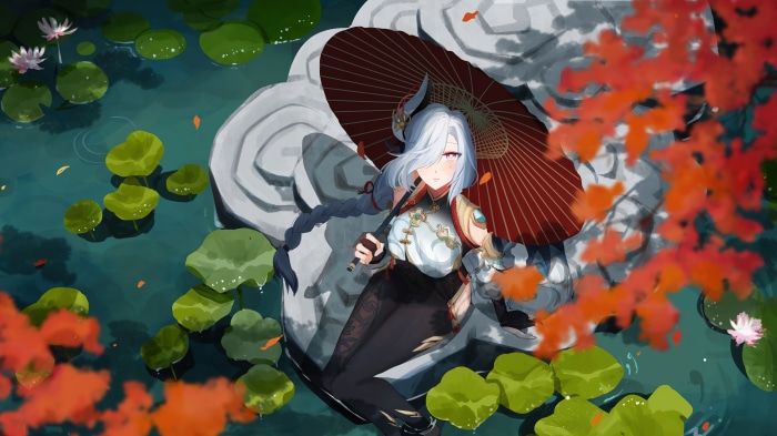 Shenhe from Genshin Impact with umbrella