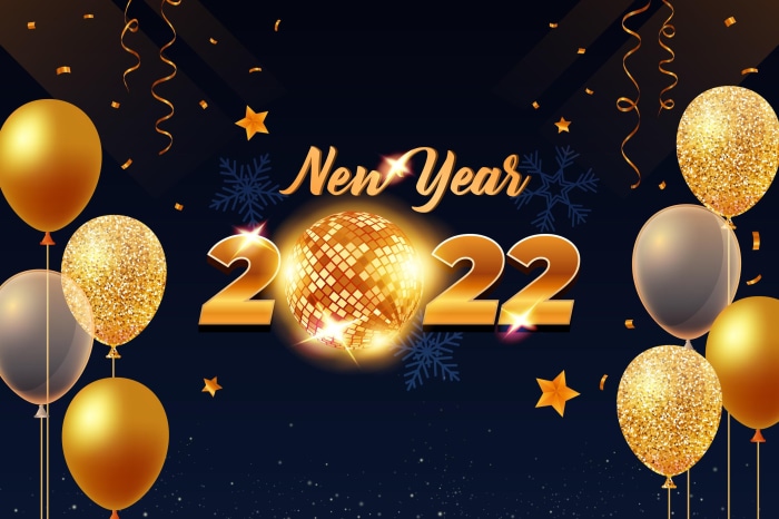 New Year 2022 celebration with balloons and disco ball