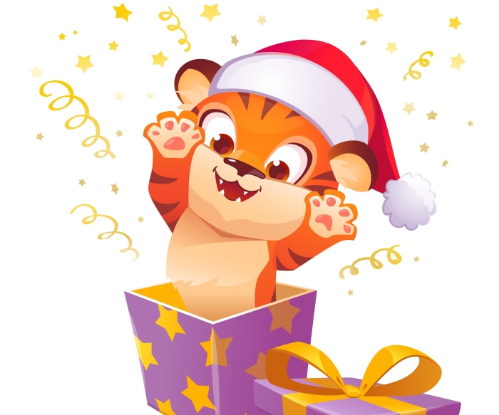 Tiger in a Santa Hat in a Gift Box