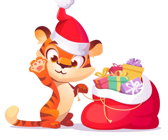 Tiger wearing Santa hat with gifts