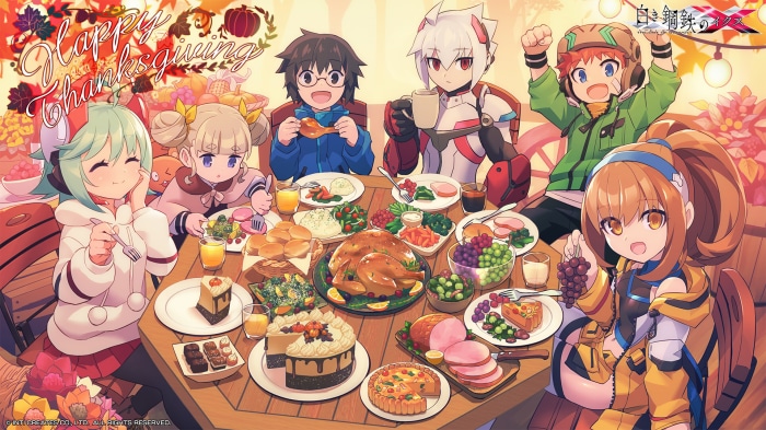 Characters from Gunvolt Chronicles: Luminous Avenger IX HD at Thanksgiving dinner