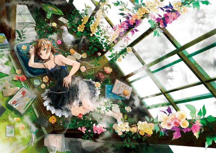 Girl lying down in a greenhouse with flowers and a chicken