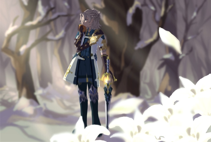 Albedo from Genshin Impact in a snowy forest
