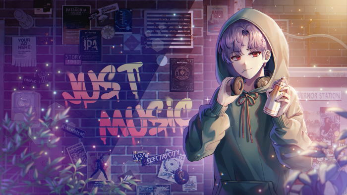 Boy with headphones and spray can in front of graffiti wall