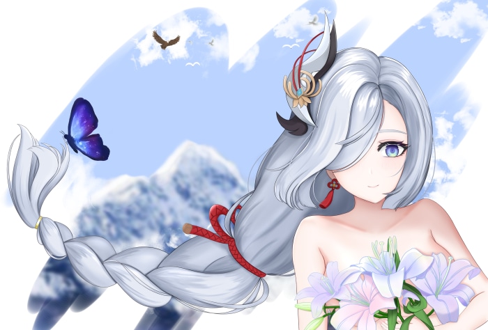 Shenhe from Genshin Impact with flowers