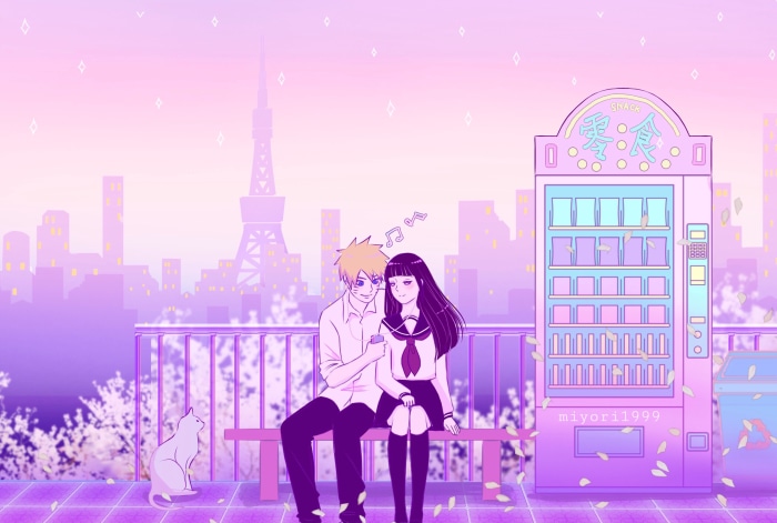 Naruto and Hinata from Naruto sitting by a vending machine