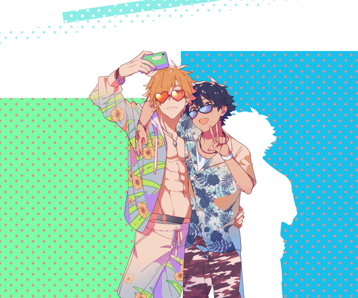 Two men in summer clothes taking a selfie