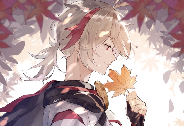 Kaedehara Kazuha from Genshin Impact holding a leaf
