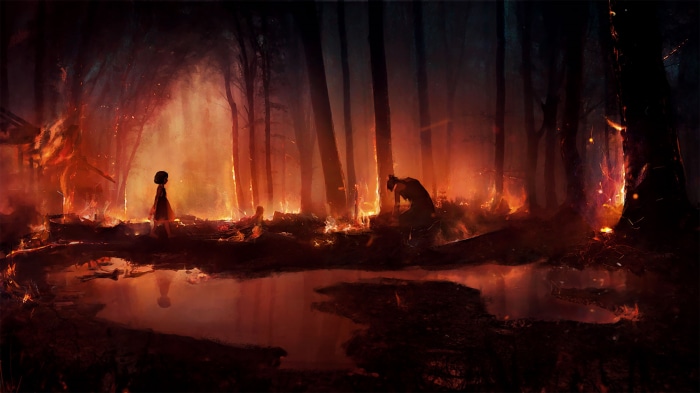 Annie from League of Legends in a burning forest