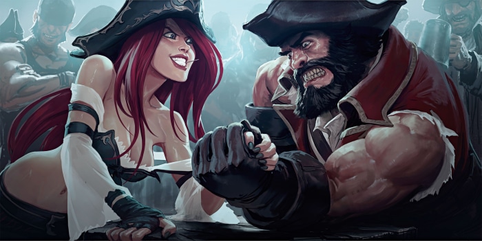 Miss Fortune and Gangplank arm wrestling from League of Legends