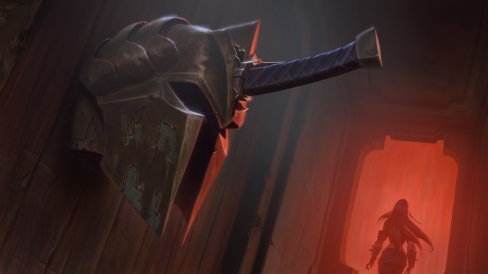 Katarina from League of Legends in a dark chamber