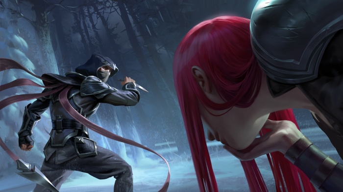 Katarina and Talon from League of Legends in a snowy forest